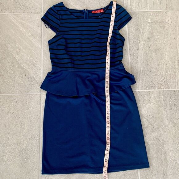 Elle Womens Medium Dress Peplum Cap Sleeve Blue Black Striped Midi Stretch - Picture 4 of 4